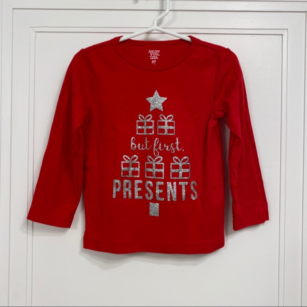CARTERS Red & Silver But First Presents Size 3 Toddler Long Sleeve Christmas
